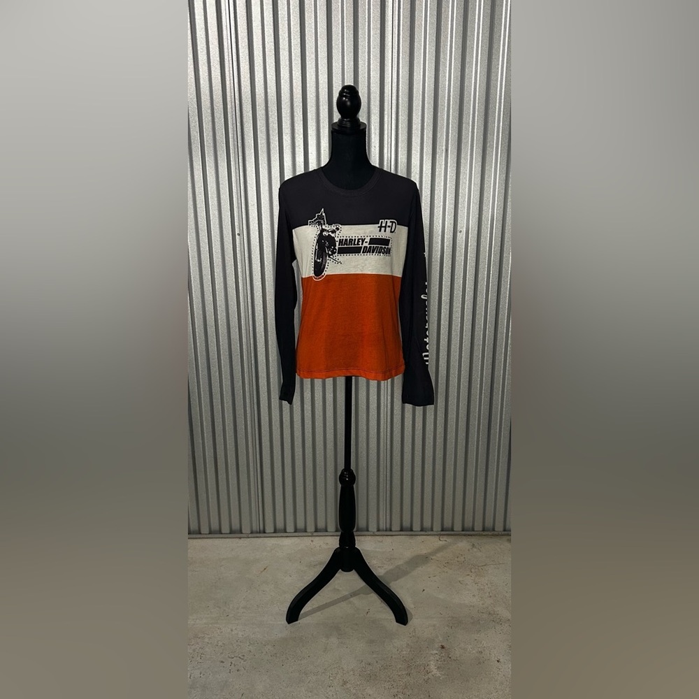 Women’s Vintage Harley Davidson Orange Black Long Sleeve T-Shirt Size Large - Picture 1 of 7